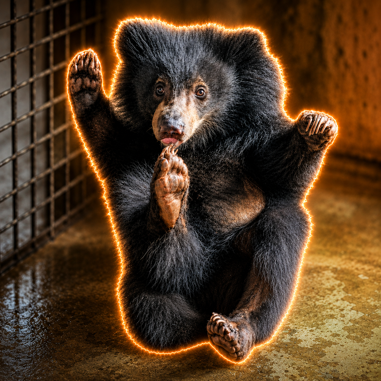 Luna the sloth bear cub sitting upright with her paws raised, outlined in a glowing electric orange aura